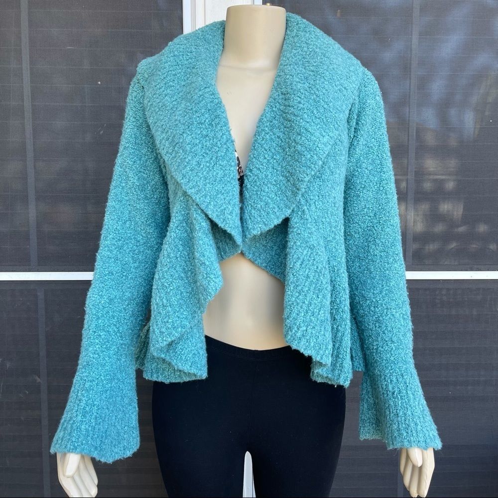 Womens Teal Green Bell Sleeve Wool Blend Open Front Sweater Cardigan Size Large